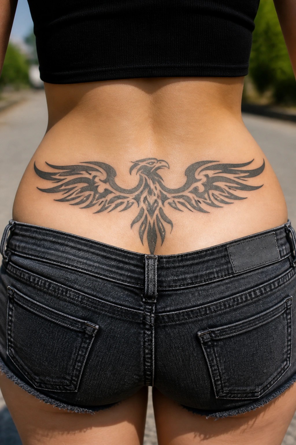 Lower back phoenix tattoo above black denim shorts and crop top.