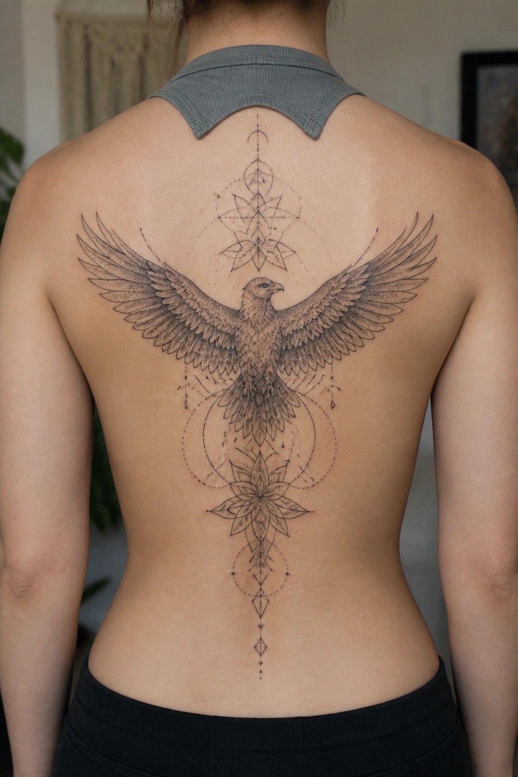 Back view of large phoenix tattoo with mandala patterns on skin, gray top pulled down