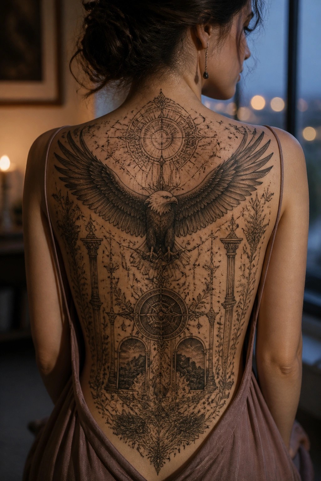 Woman's full back tattoo showing a large black and grey eagle with spread wings, two compass roses, side pillars, and lower arches.