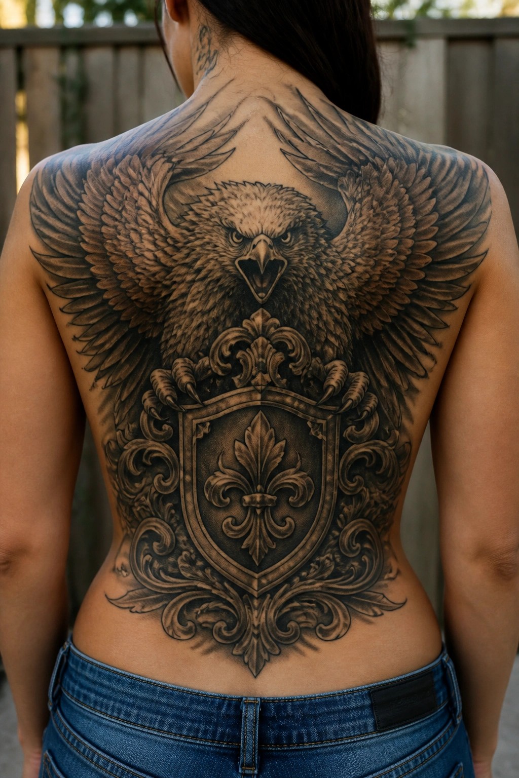 Large black-and-gray eagle and shield tattoo on back above blue jeans