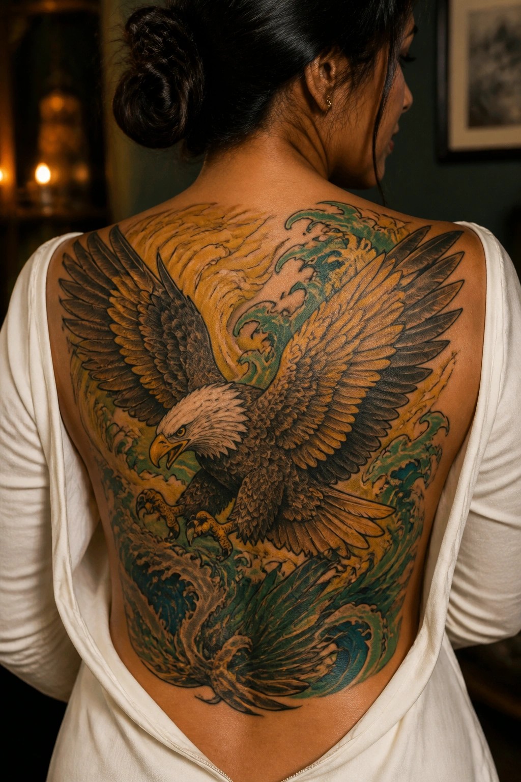 Woman's back with large eagle tattoo over blue-green waves in white top