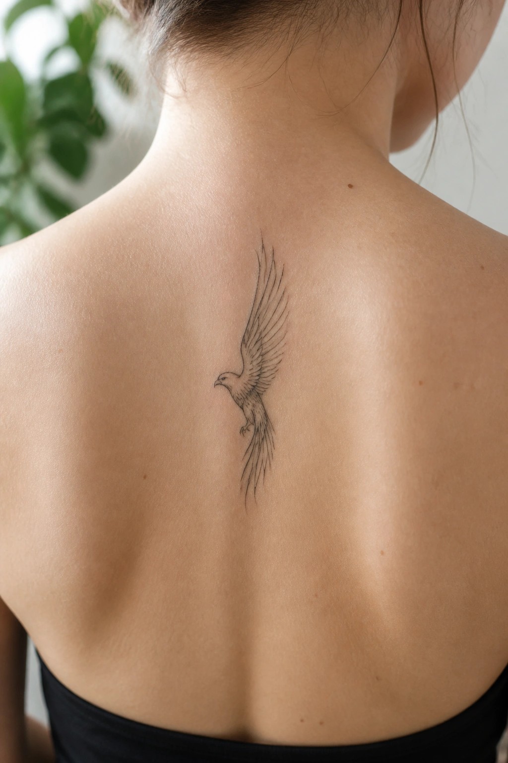 Black ink bird tattoo with spread wings on upper back above black top