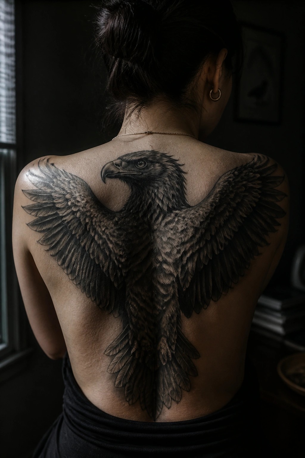 Woman viewed from behind showing a large black and gray eagle tattoo with wings spread across the full back.