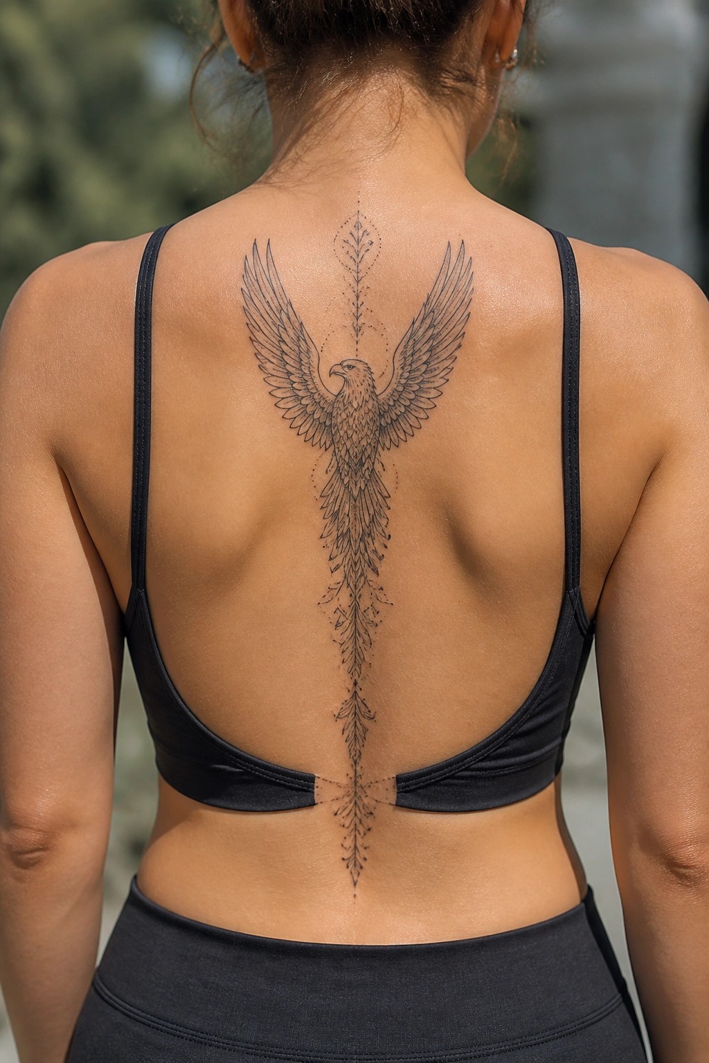 black line art eagle tattoo centered on a woman's back, wings spread at the top and body extending down the spine to the lower back in a vertical design