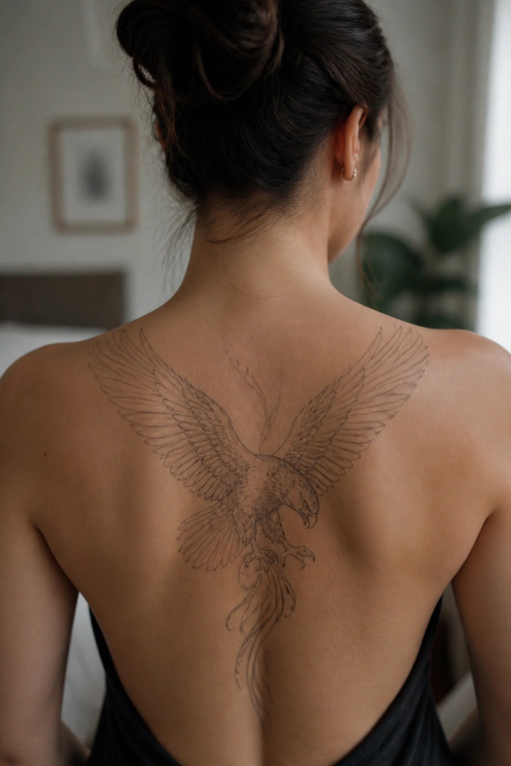 Woman viewed from behind showing a large fine line eagle tattoo across the upper back with wings spread to the shoulders and tail extending downward.