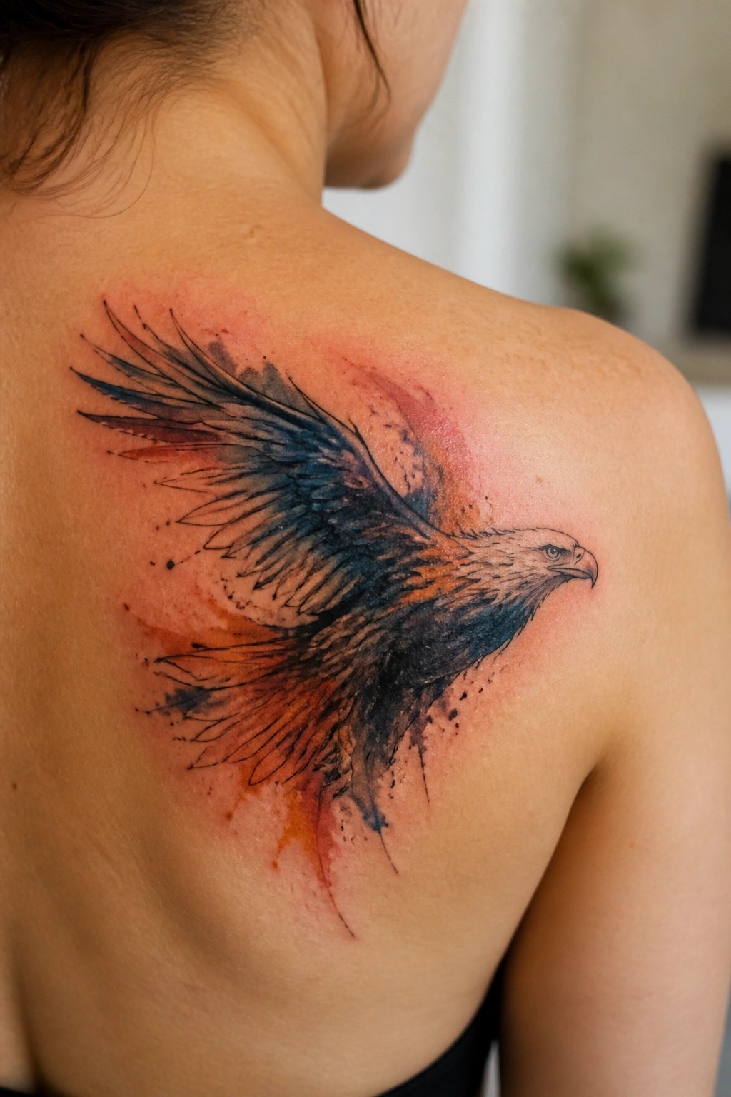 Watercolor eagle tattoo with red-orange splashes on reddened shoulder and back