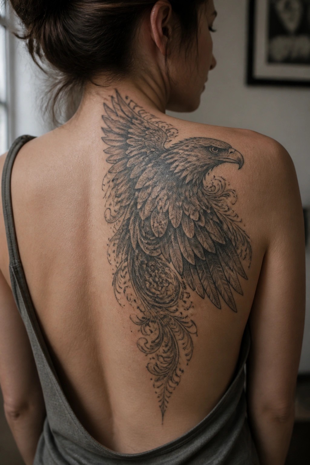 Large eagle tattoo on a woman's back with spread wings and detailed feathers extending from upper back to lower spine.