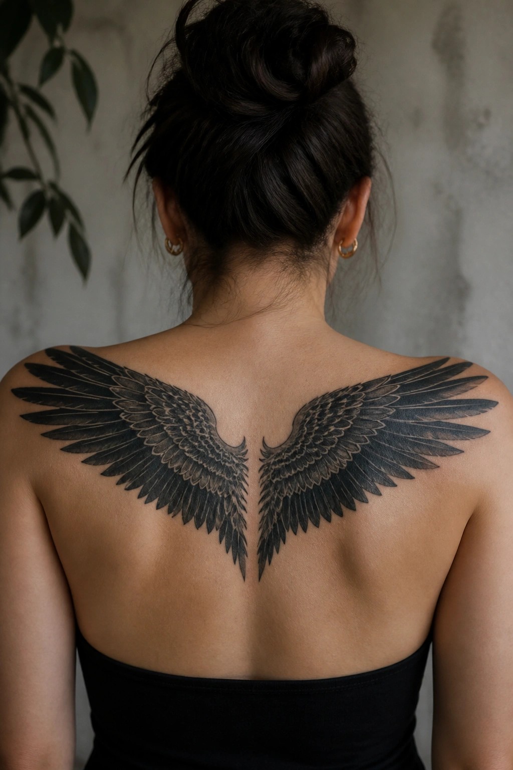 A woman viewed from behind with a large symmetrical pair of black and grey eagle wings tattooed across her upper back and shoulders.