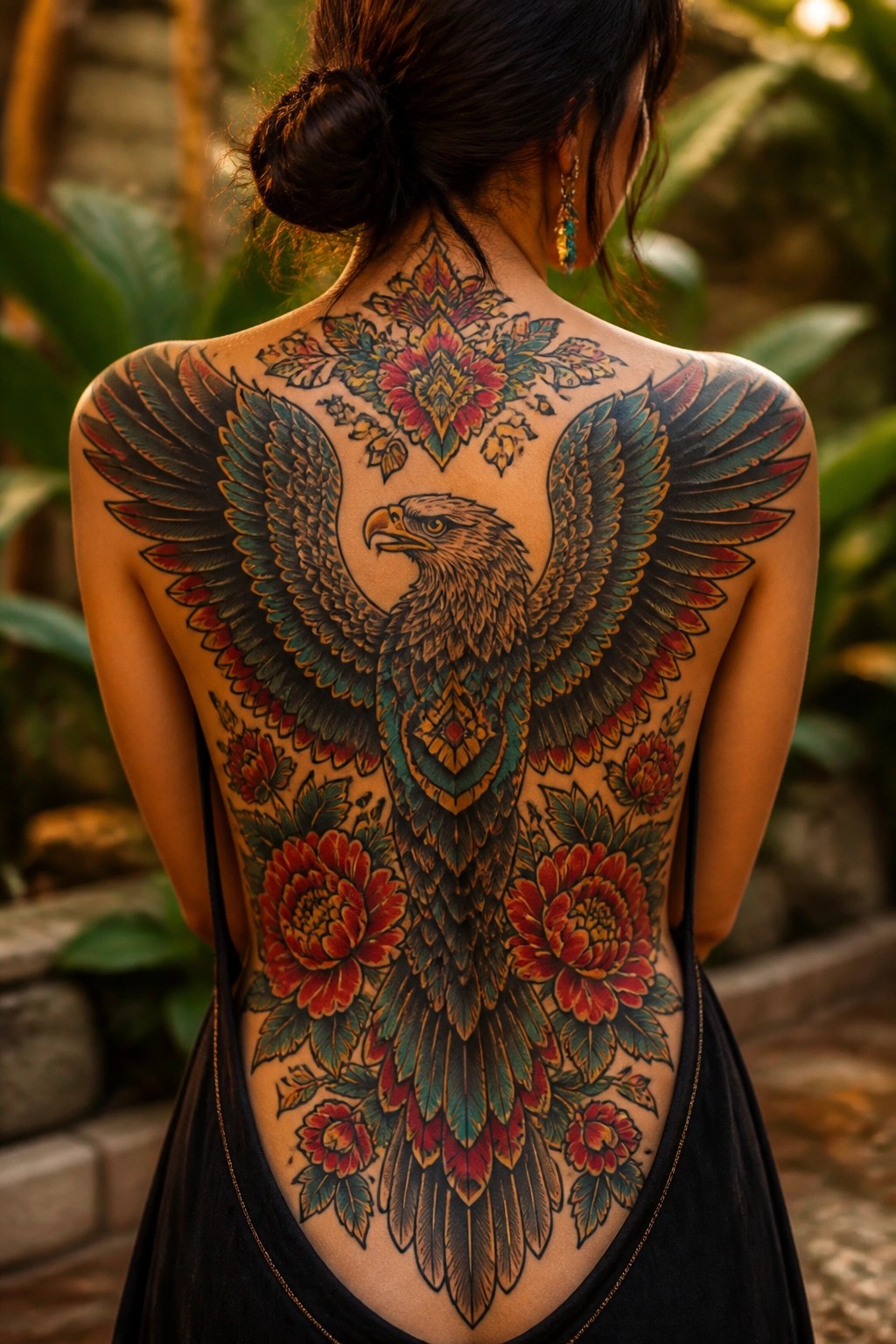 Woman seen from behind with a large colorful eagle tattoo across her full back, wings extended and red flowers placed around the design.