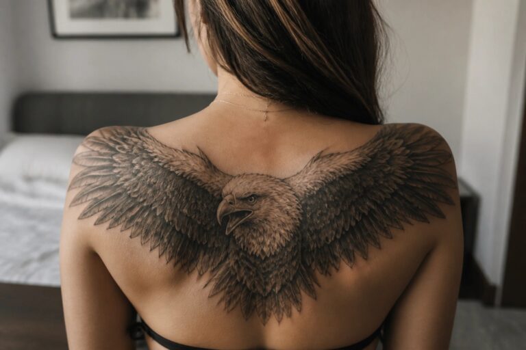 21 Eagle Back Tattoo Ideas for Women Featuring Dramatic Artwork Woman's bare back with large detailed black eagle tattoo and spread wings