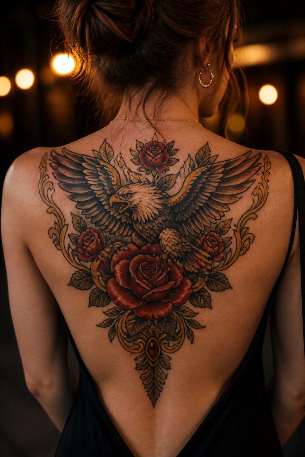 Woman's back with large eagle and red rose tattoo in black dress