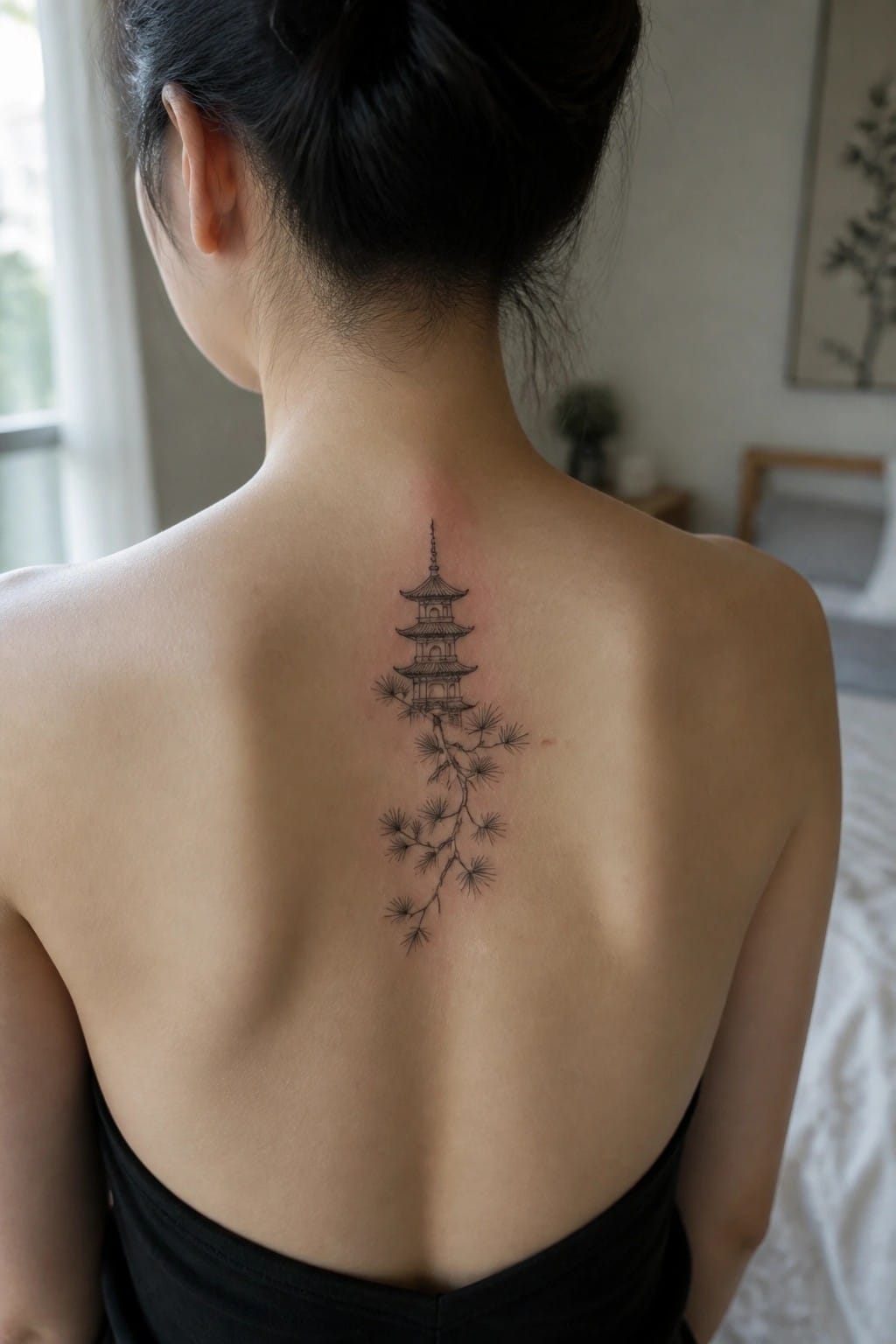 Woman's bare back with black pagoda and pine tattoo above black top