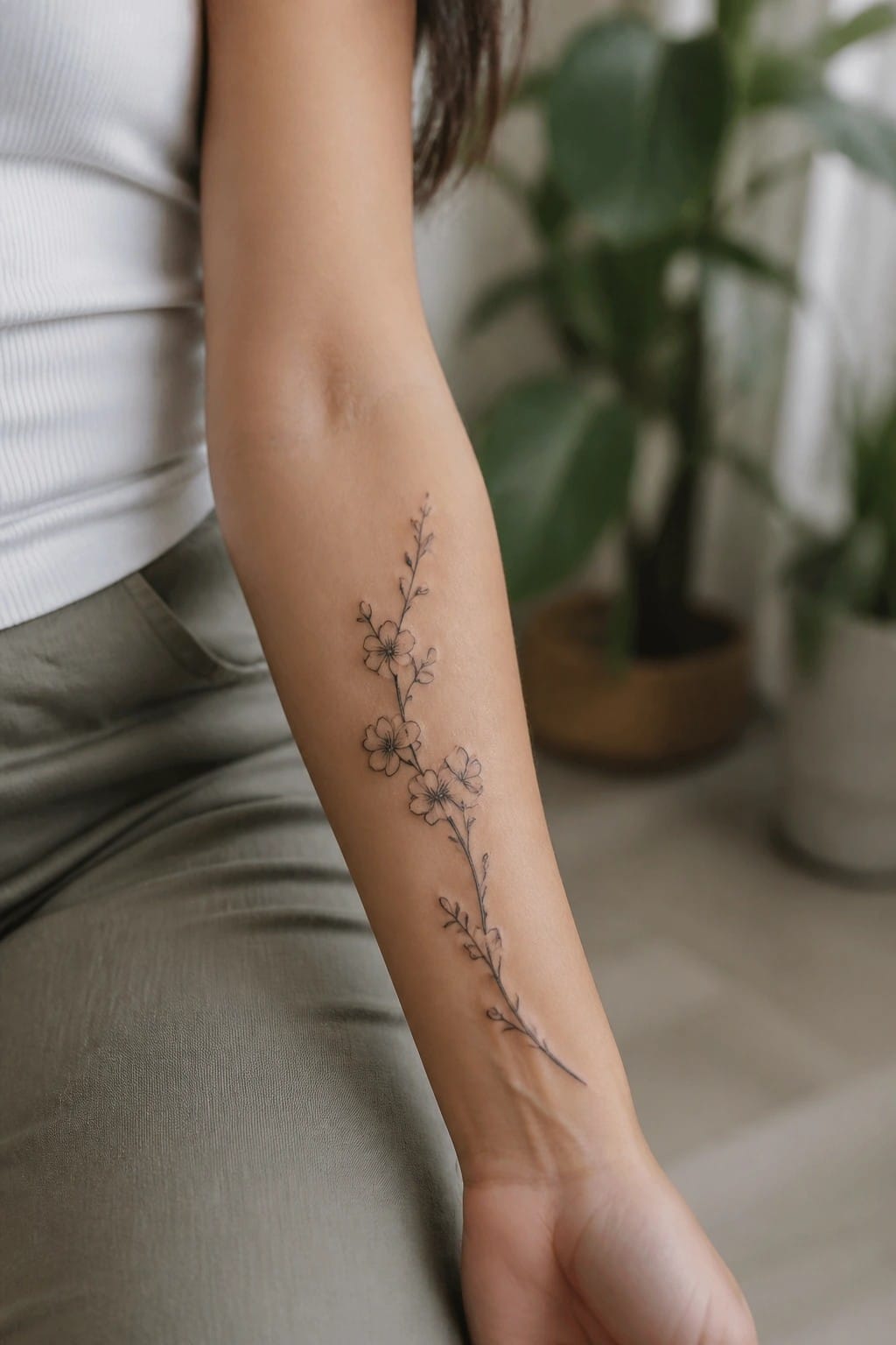 Fine line floral vine tattoo running vertically down the inner forearm