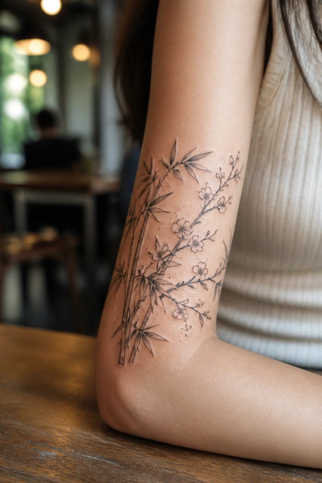 Bamboo and cherry blossom tattoo on forearm in beige top on wooden table