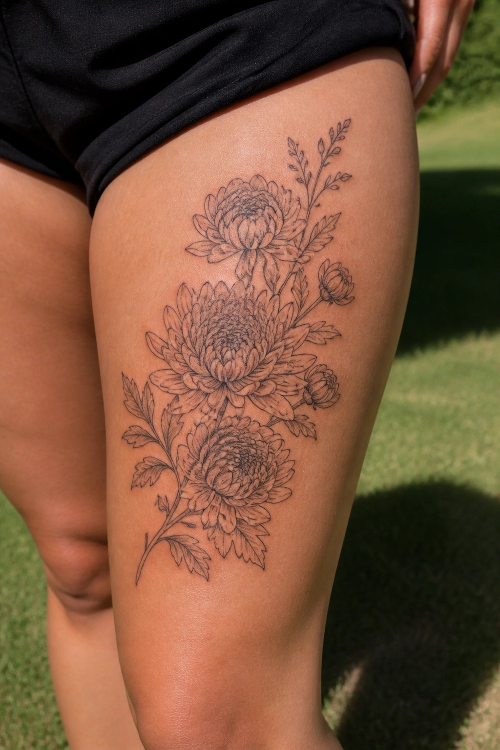 Black chrysanthemum tattoo on thigh beside black shorts on grass