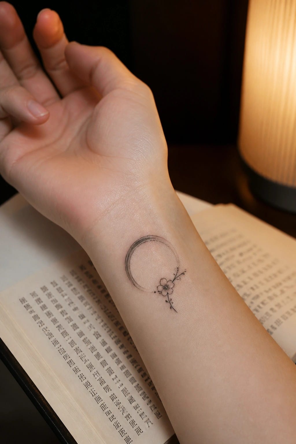 Wrist with crescent moon and flower tattoo resting on open book under warm light