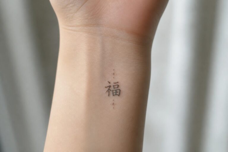 Fine line tattoo of the Chinese character 福 on the inner wrist with small dots above and below