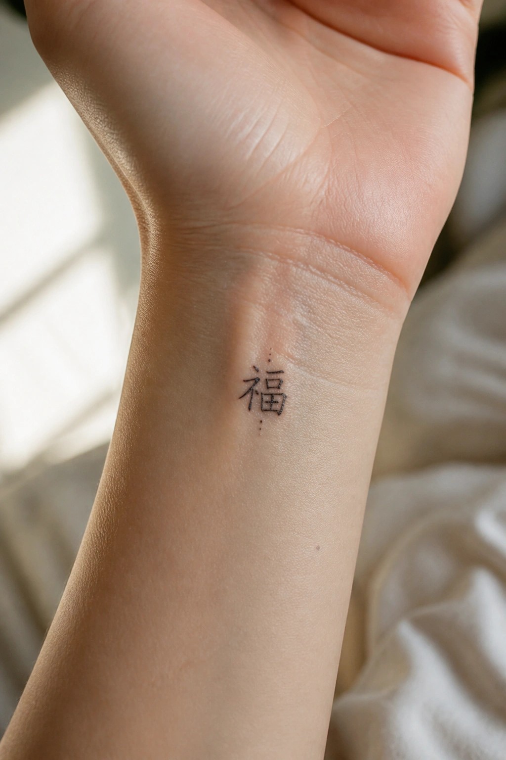 Fine line tattoo of the Chinese character 福 on the inner wrist with small dots above and below