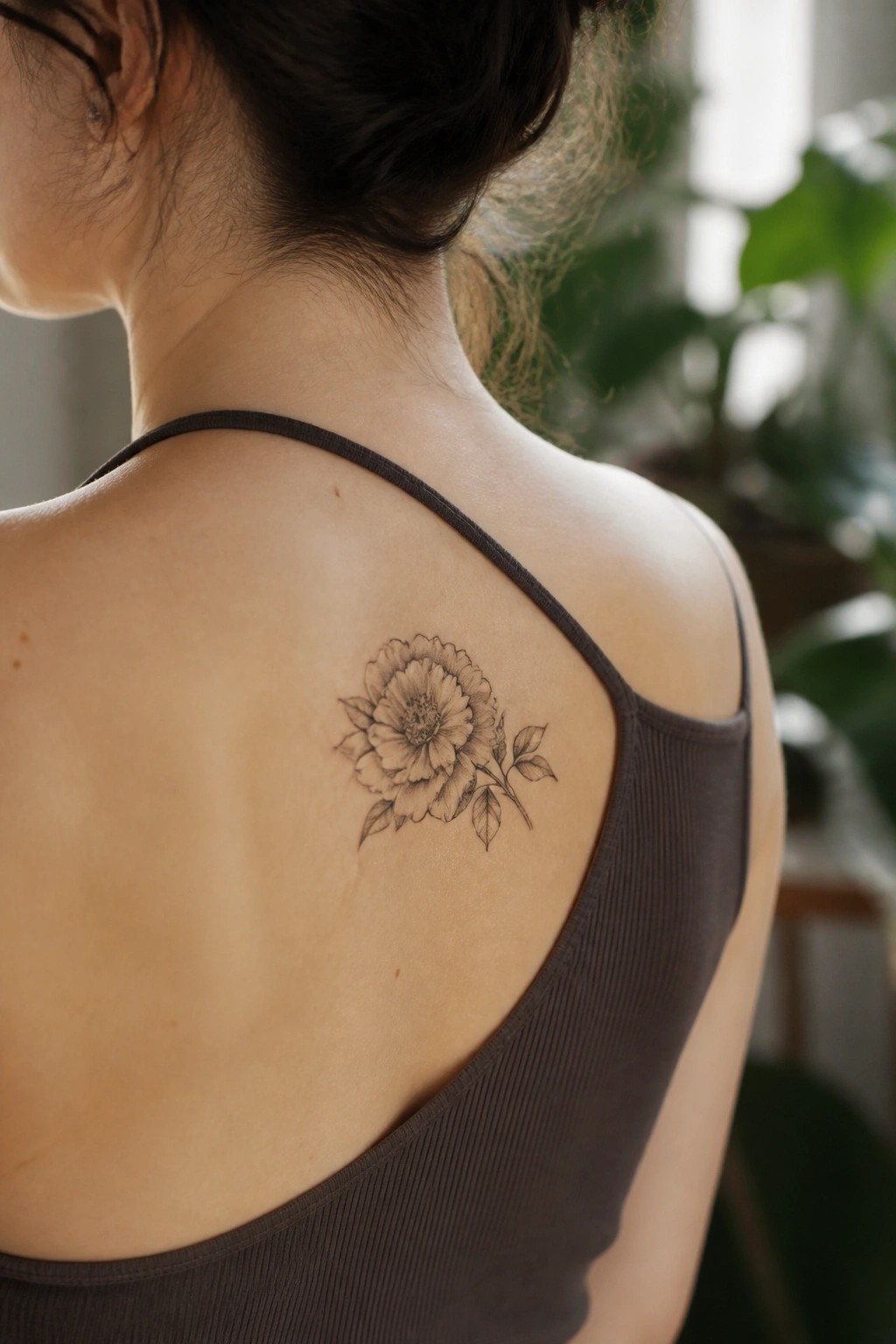 Woman's back with detailed flower tattoo on shoulder blade in dark tank top.
