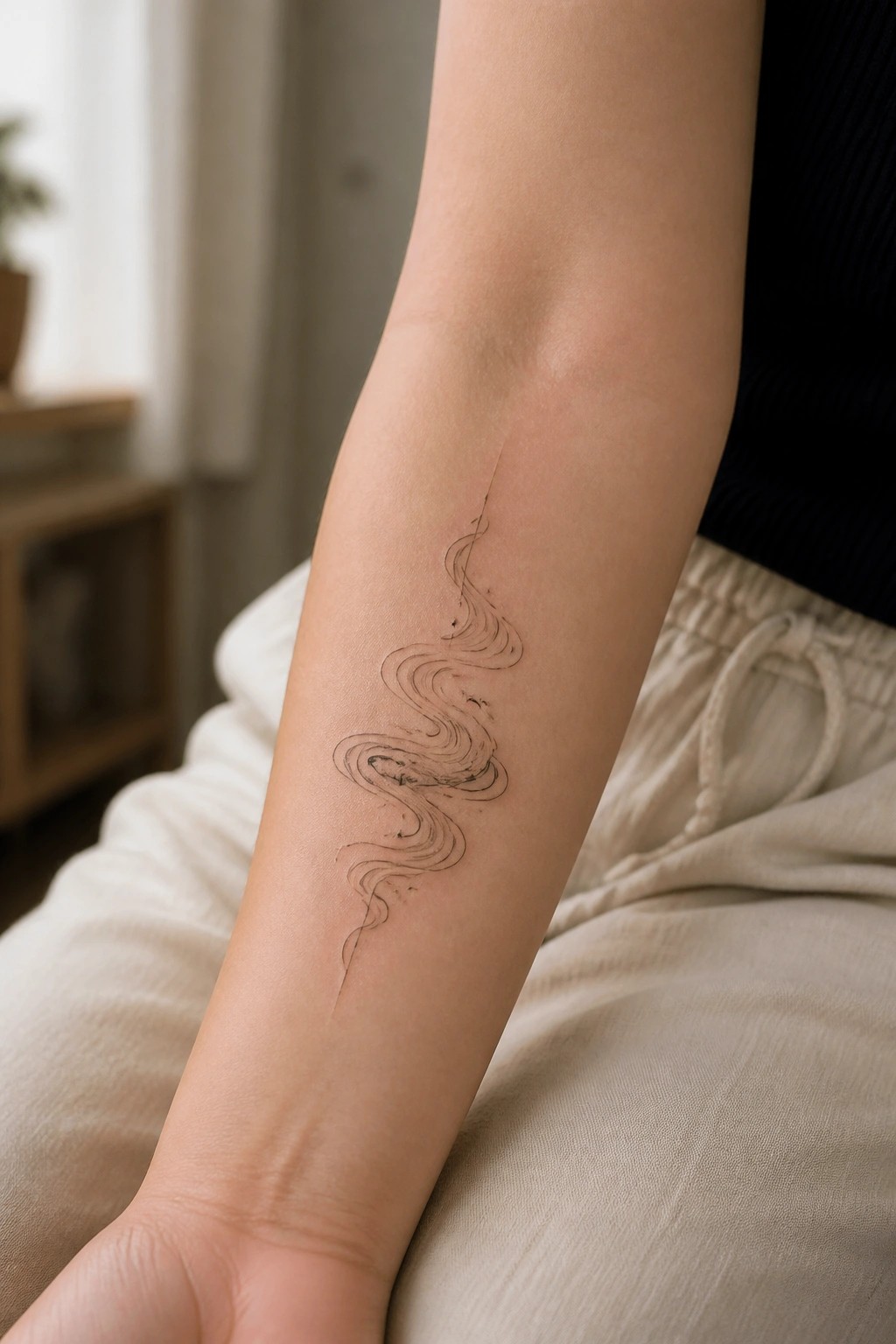 Fine line tattoo of vertical flowing curves on the inner forearm