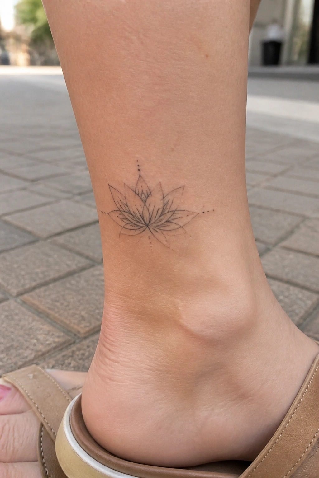 Fine line lotus tattoo on the outer ankle with dotted line accents in black ink