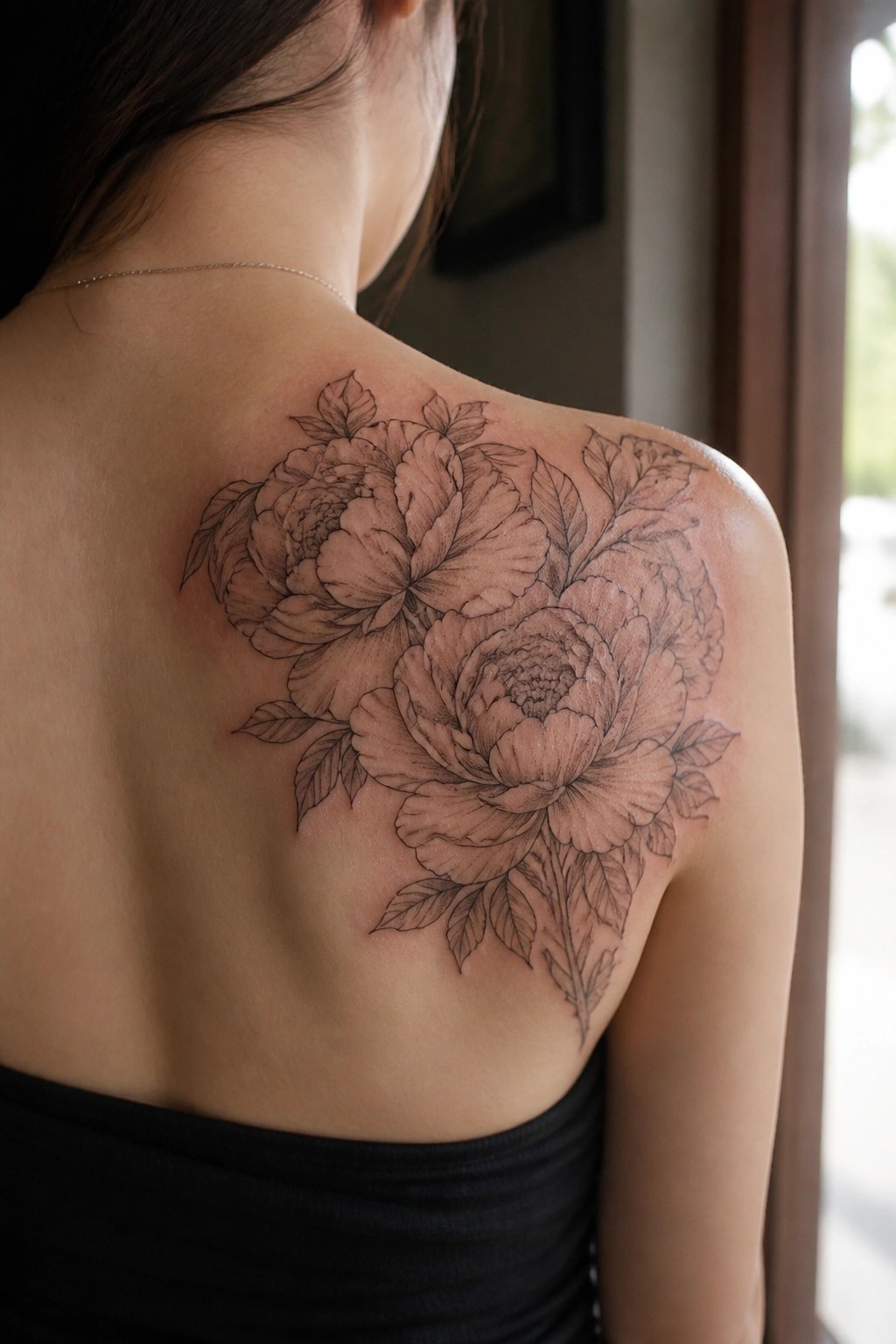 Large peony tattoo on woman's bare shoulder above black strapless top.