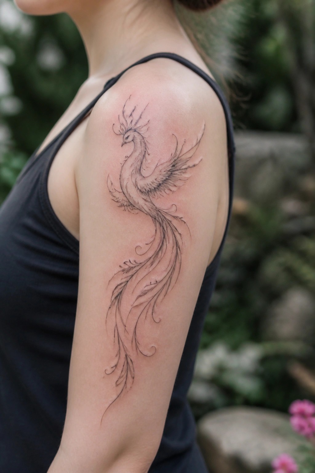 Fine line phoenix tattoo on a woman's upper arm showing detailed wings and a long flowing tail in black ink