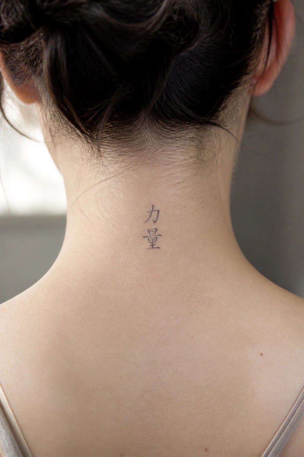 Person's nape with vertical Chinese characters tattoo, dark bun, light skin, strap top