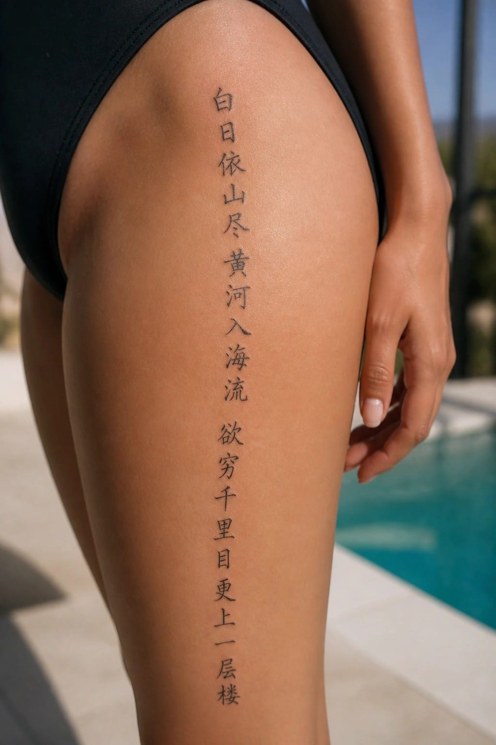 Vertical fine line Chinese poem tattoo on the outer thigh of a woman in a black swimsuit.