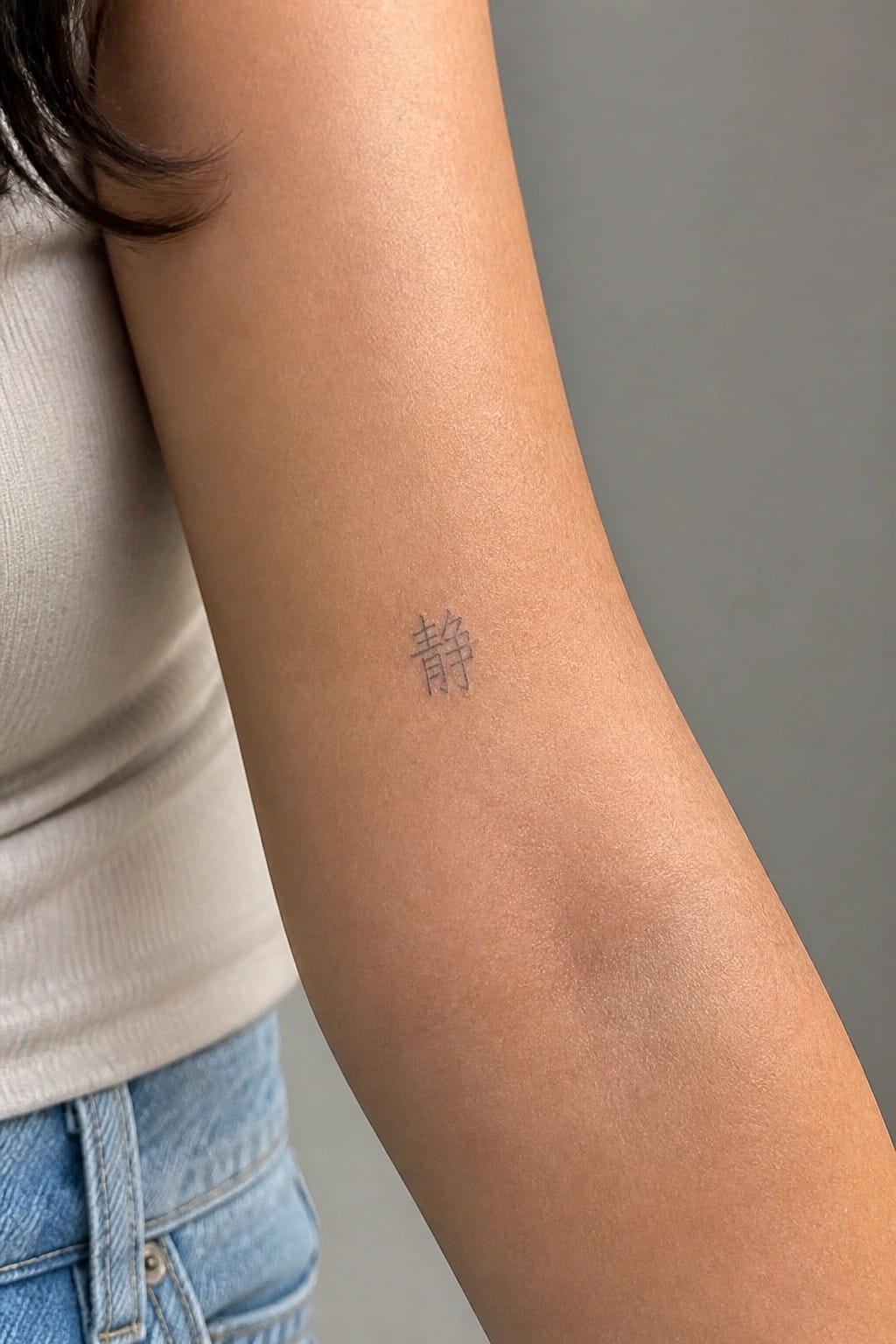 Small Chinese character tattoo on the inner forearm in fine line style
