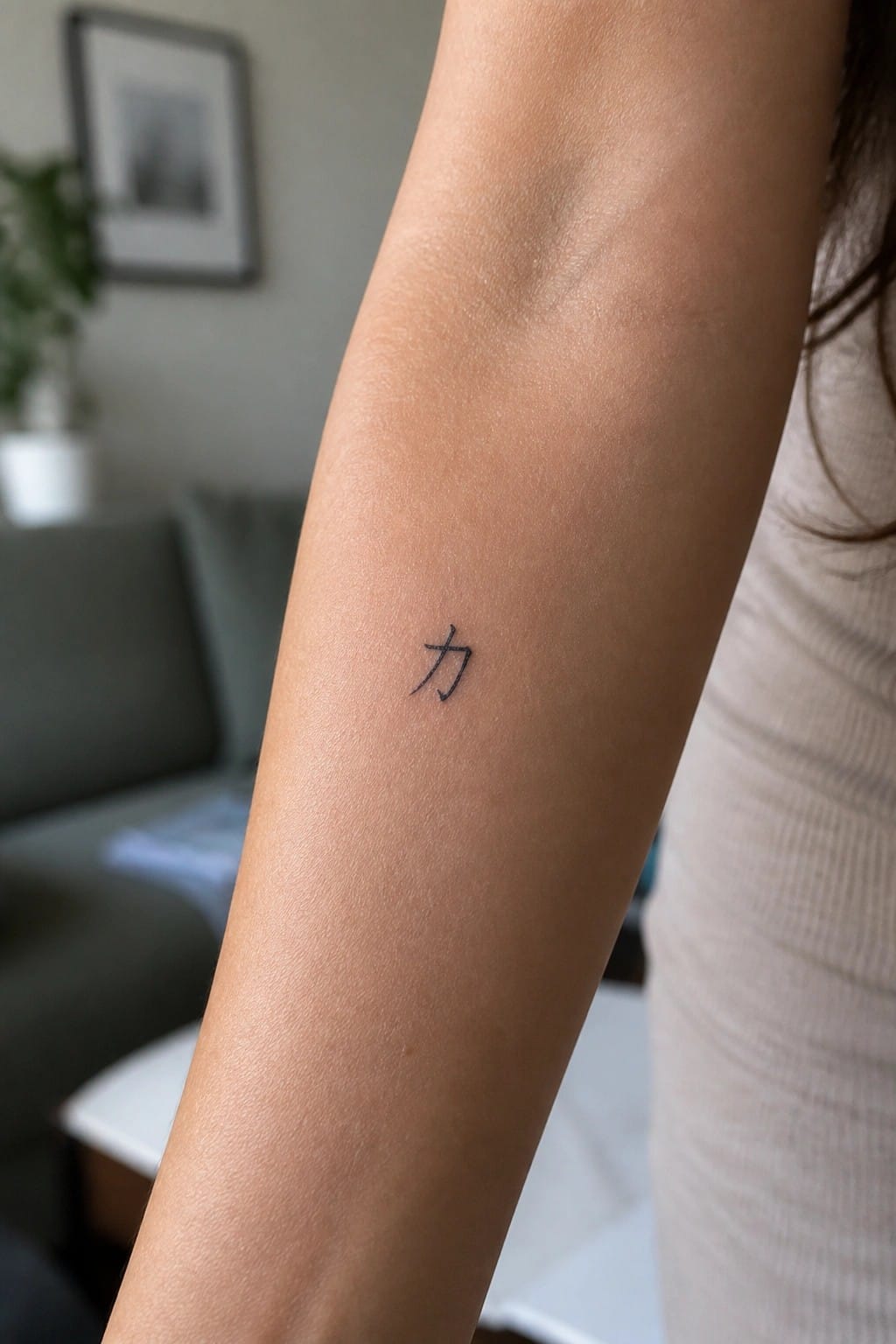 Close-up of inner forearm with small black Chinese character tattoo on light skin.