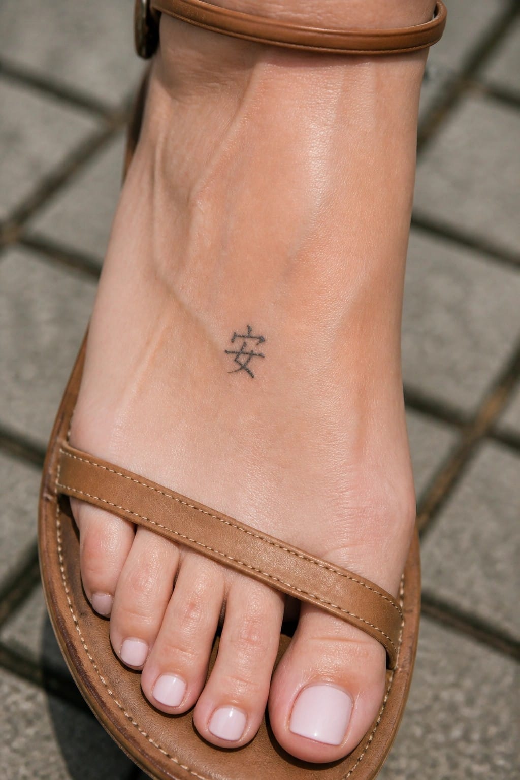 Foot in brown sandal with small Chinese character tattoo and light pink toenails on pavement
