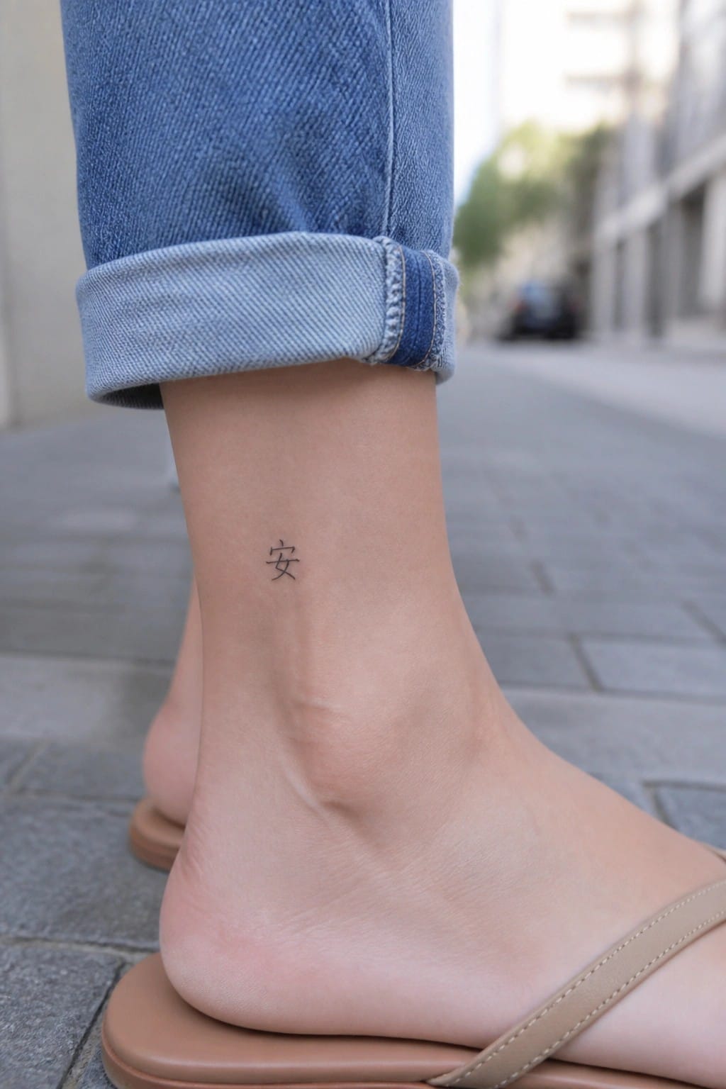 Ankle with Chinese character tattoo, cuffed blue jeans, beige sandal on pavement