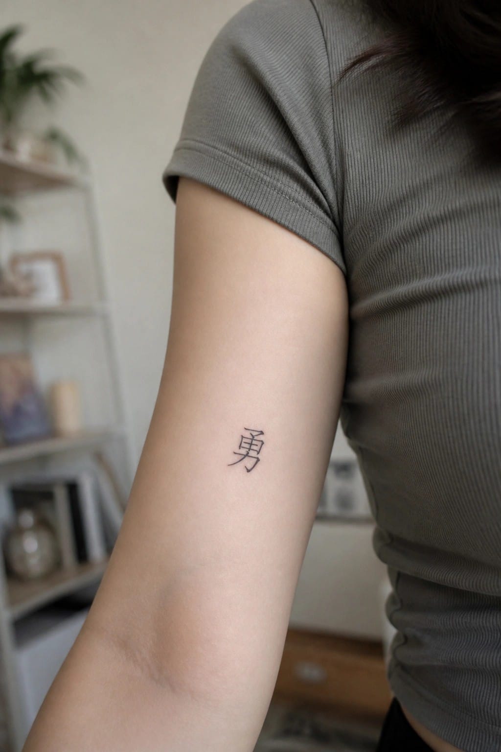 Small black Chinese character tattoo on the inner forearm in minimalist style.