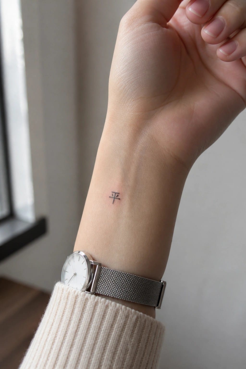 Small black Chinese character tattoo on the inner wrist above a watch