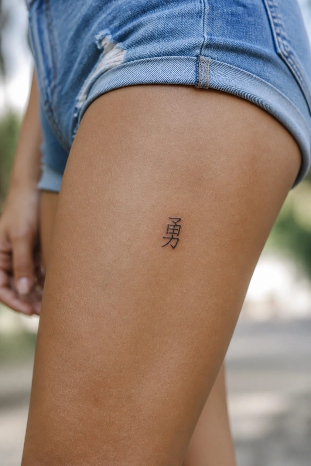 Black Chinese character tattoo on thigh below frayed blue denim shorts