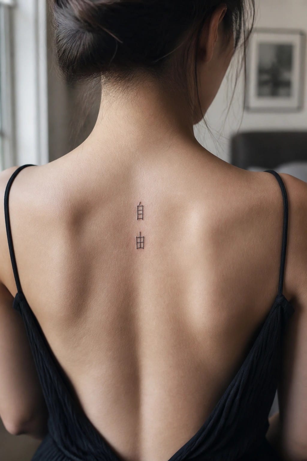 Woman's back with vertical Chinese tattoo above black spaghetti-strap dress