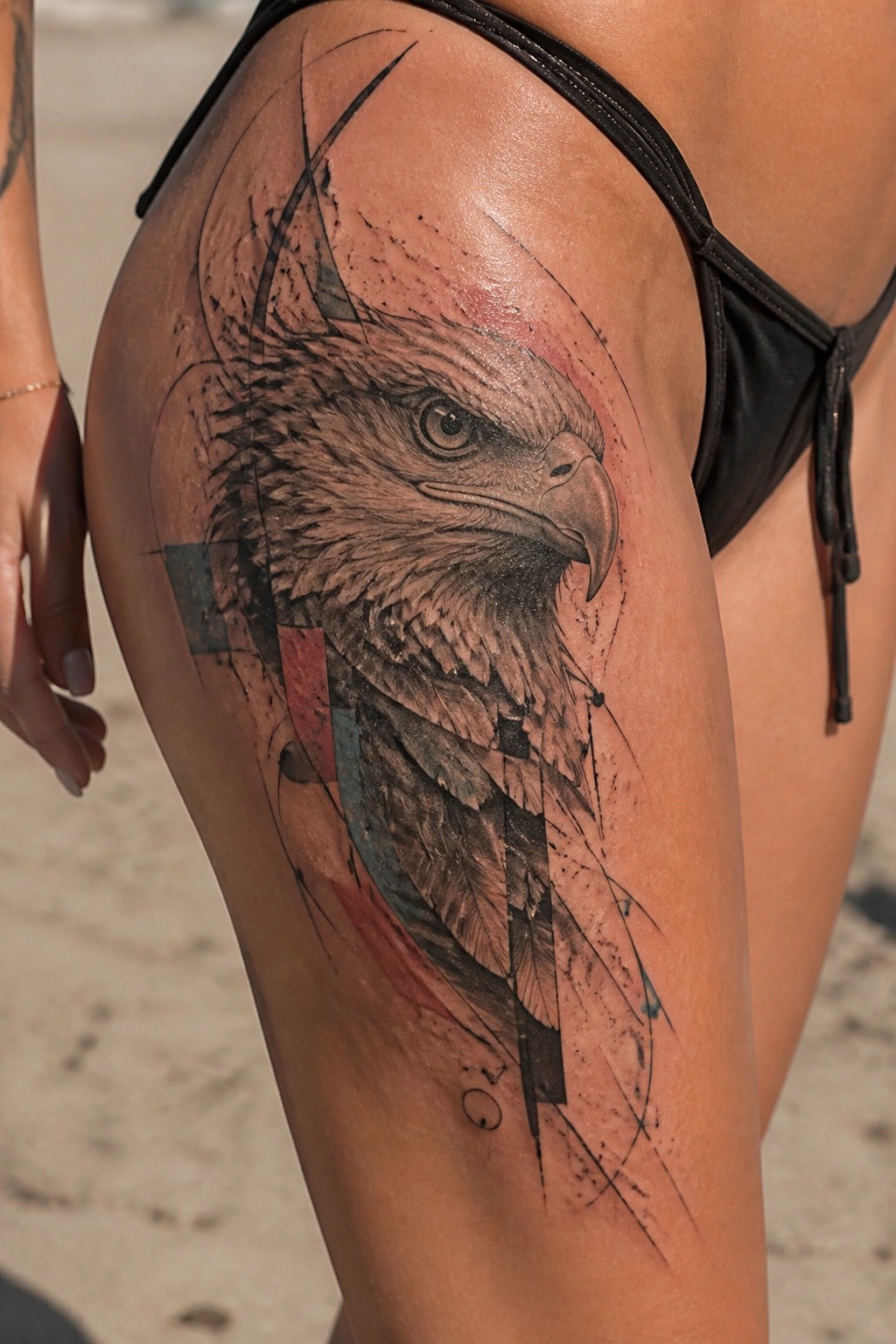 Eagle tattoo on thigh with black bikini bottoms on sandy beach.