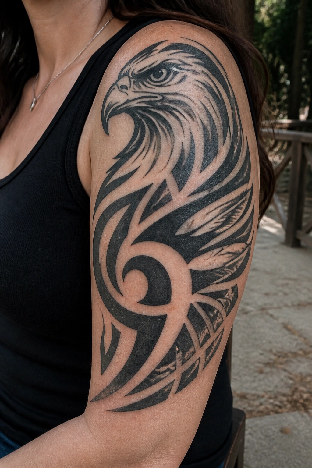 Woman's upper arm featuring a large black tribal eagle tattoo with the head facing forward and wings wrapping around the shoulder and bicep.