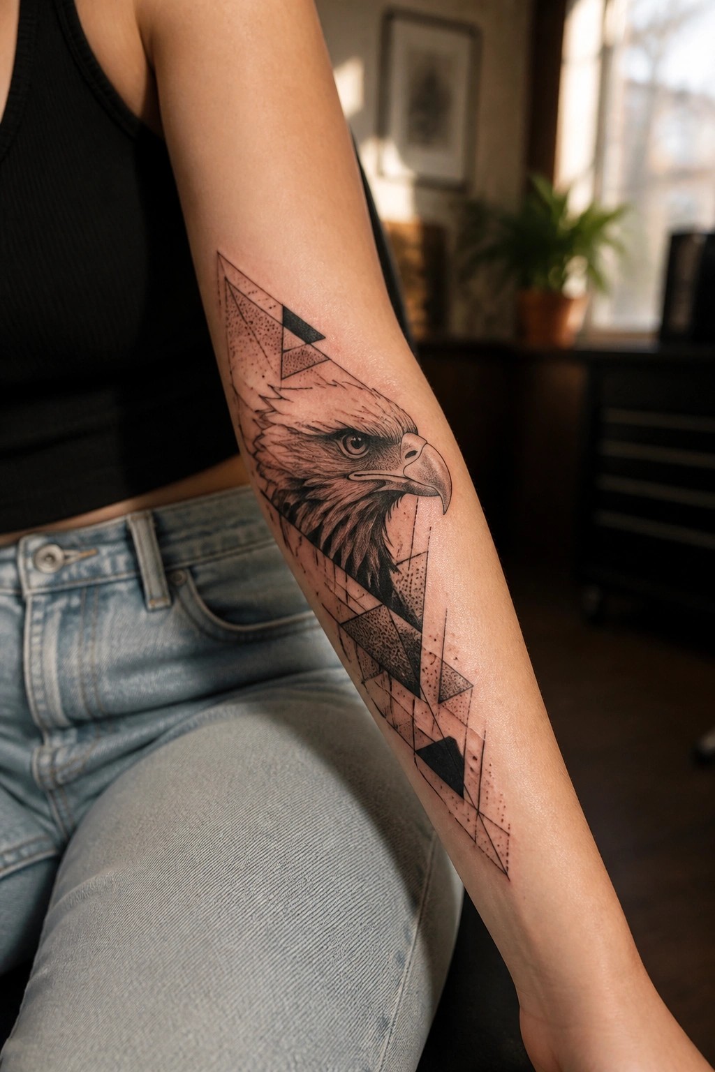 Geometric eagle tattoo on arm with black tank top and blue jeans