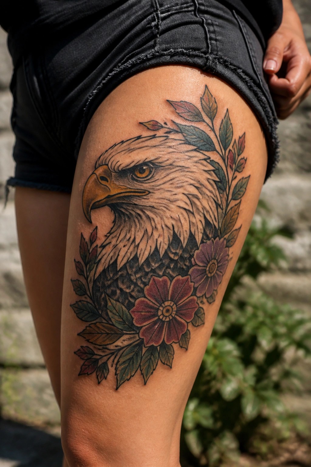 Realistic eagle head tattoo on the upper thigh with surrounding flowers and leaves in color.