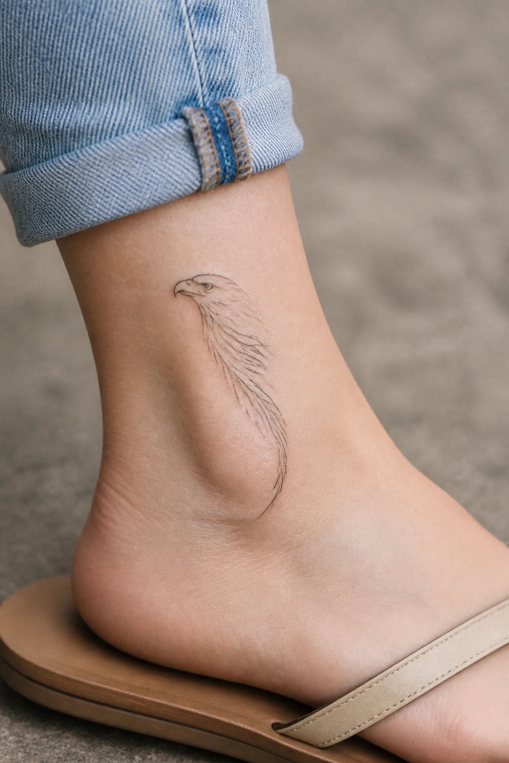 Fine line eagle tattoo on ankle with rolled blue jeans and beige sandal