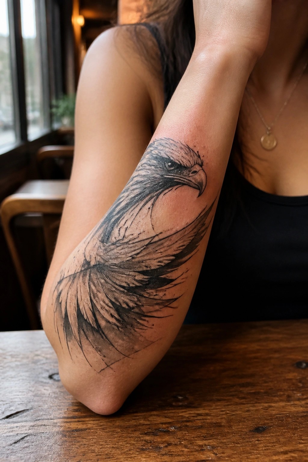 Black and grey eagle tattoo on forearm resting on wooden table in cafe