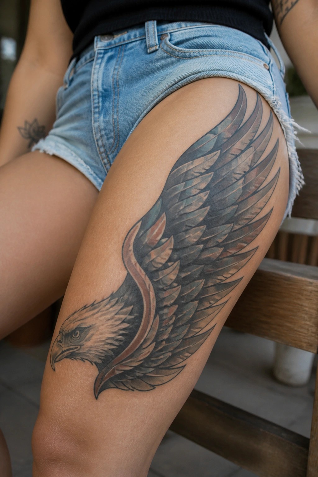 Large eagle wing tattoo on thigh under frayed denim shorts on wooden bench