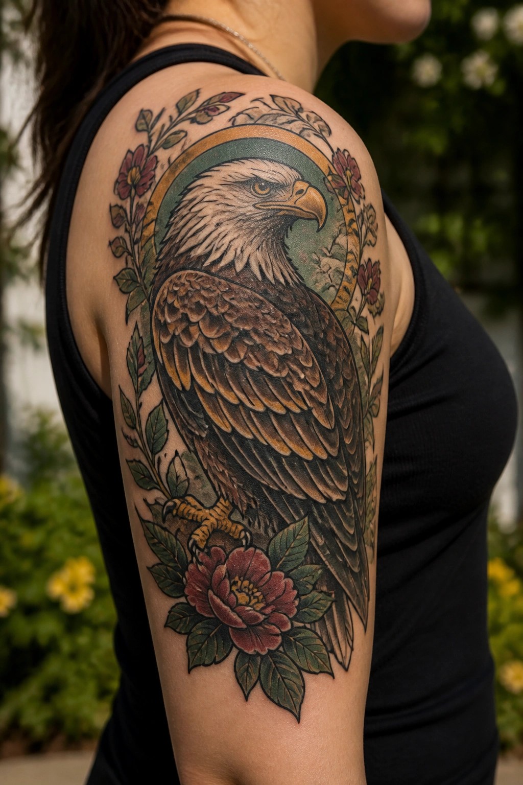 Bald eagle tattoo with flowers in circular frame on woman's shoulder in black tank top