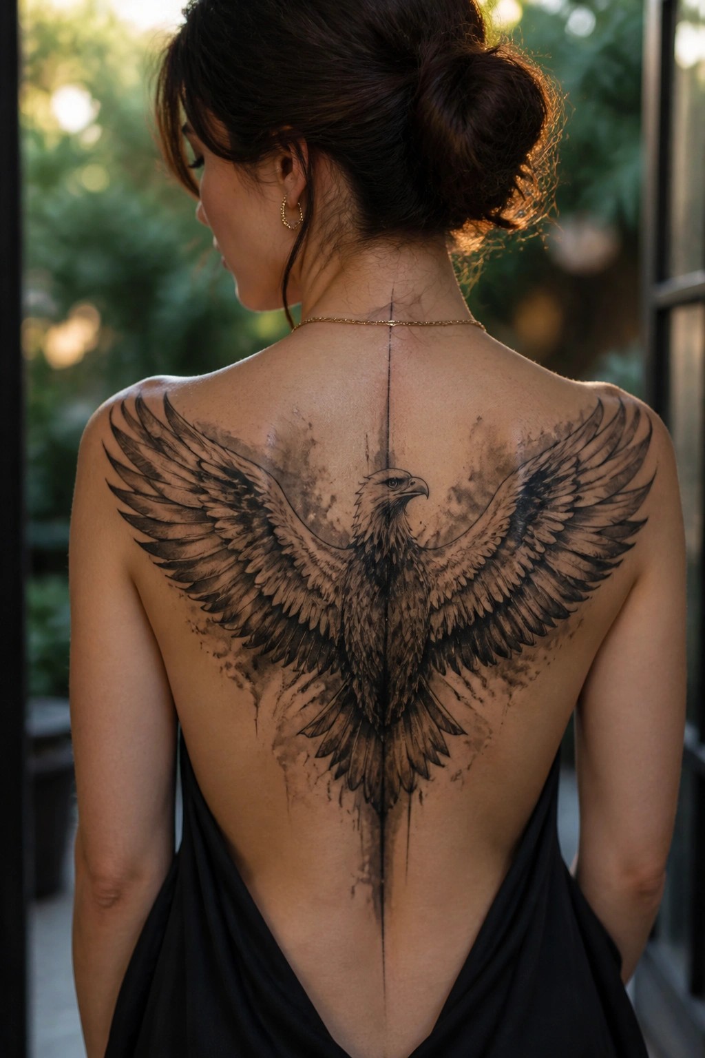 Woman viewed from behind with a large black and grey eagle tattoo centered down her back along the spine, wings spread wide.