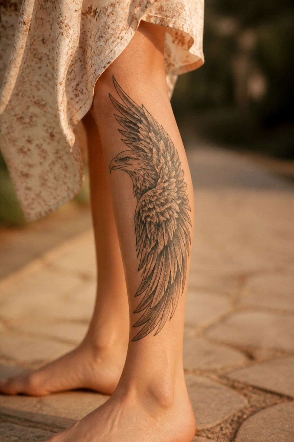 Large eagle tattoo on calf beneath flowing patterned dress on stone pavement