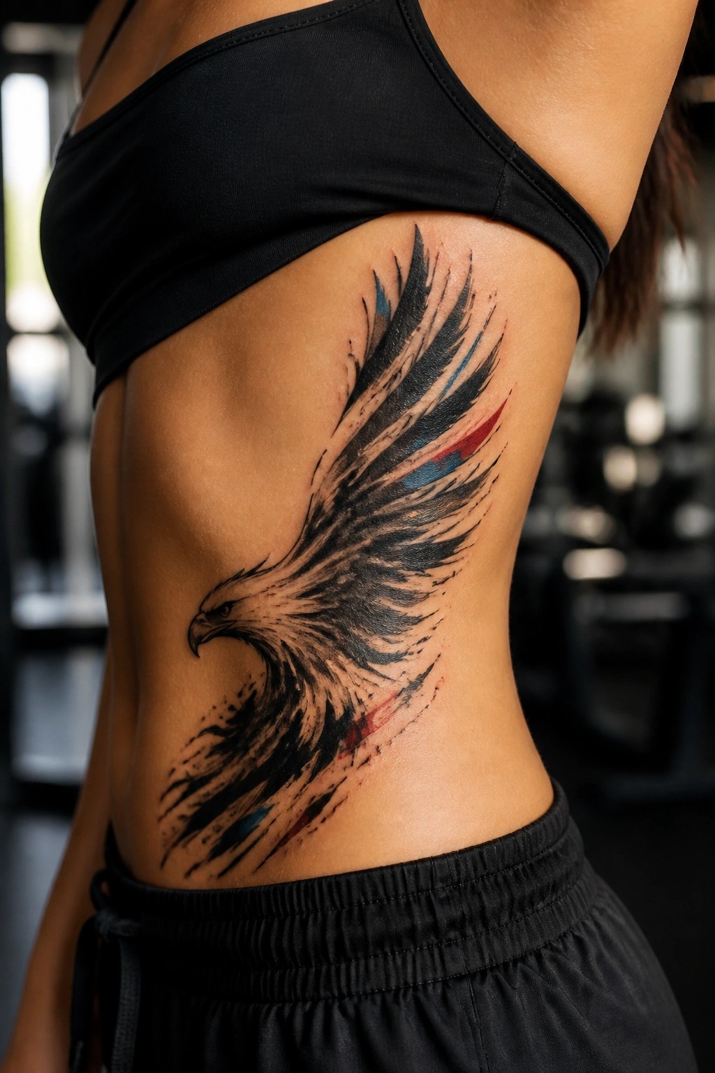 Woman in black sports bra displays large eagle tattoo on side in gym