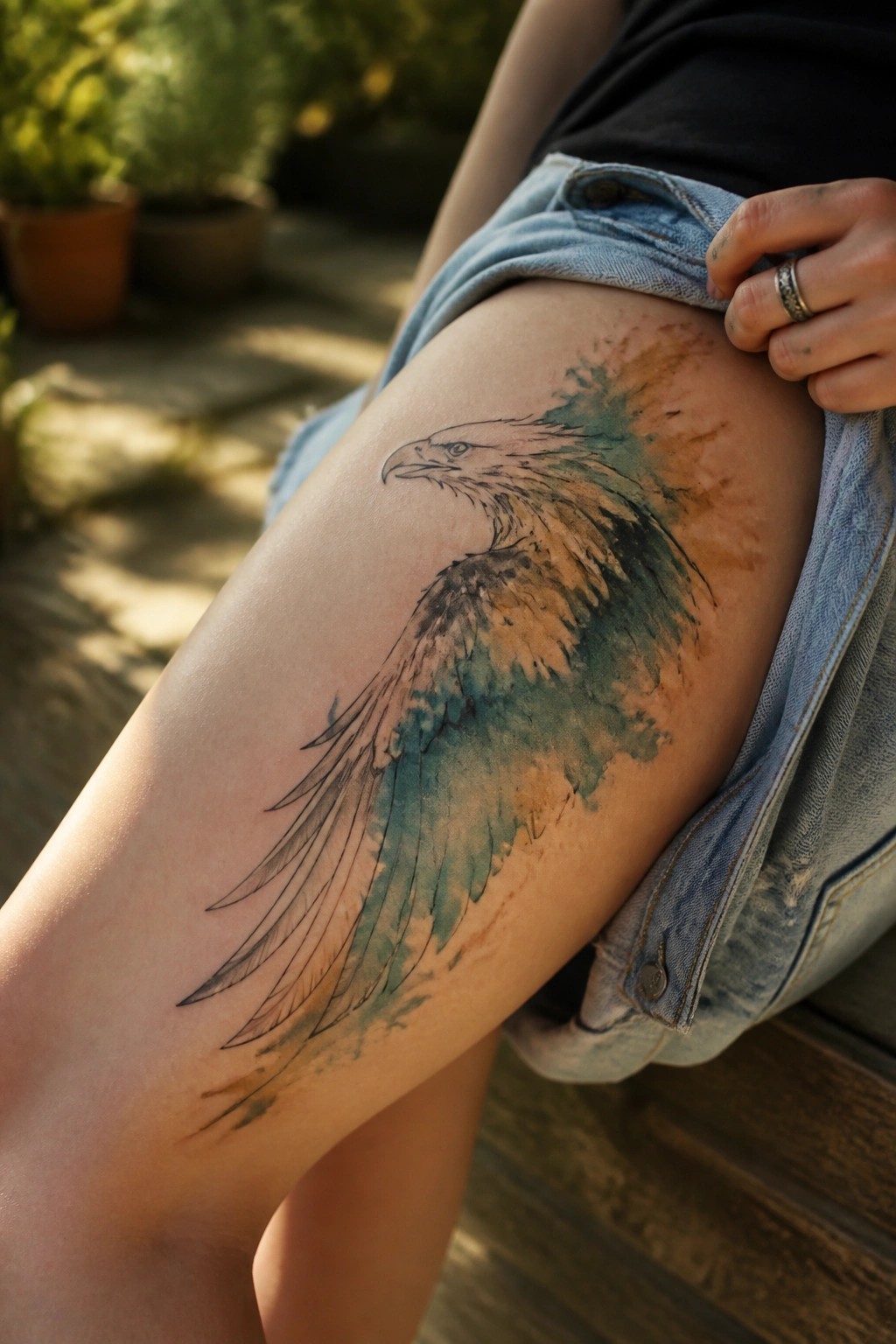 Watercolor eagle tattoo on the upper thigh with line art wings and teal brown washes