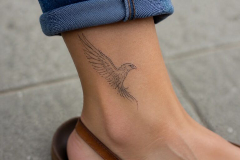 21 Modern Eagle Tattoo Ideas for Women Featuring Contemporary Design Fine line eagle tattoo on ankle with rolled blue jeans and beige sandal